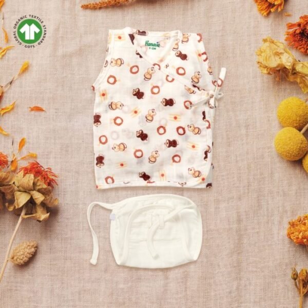 Unisex Baby Damru Printed 100% Organic Cotton Jhabla and Langot Set - White - Image 1