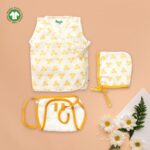 Unisex Baby Triangle Printed 100% Organic Cotton Jhabla, Langot and Cap Set - White