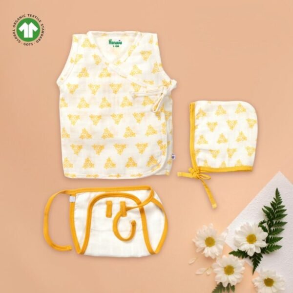 Unisex Baby Triangle Printed 100% Organic Cotton Jhabla, Langot and Cap Set - White - Image 1