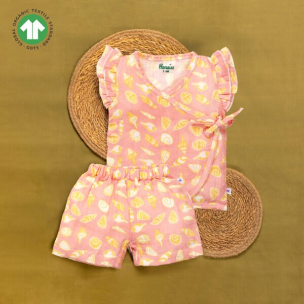 Baby Girls Seashell Printed 100% Organic Cotton Jhabla and Shorts Set - Pink - Image 1