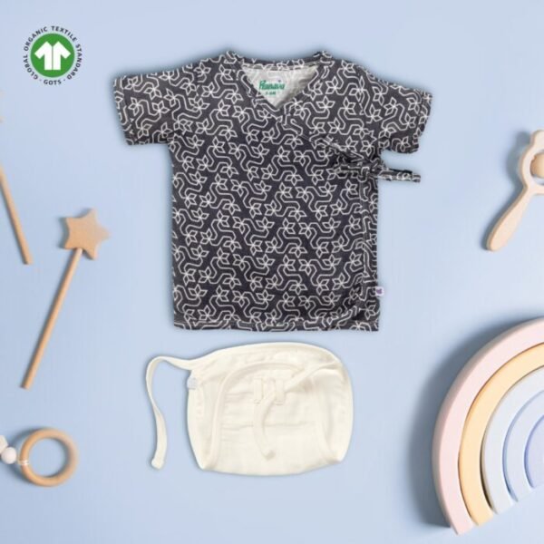 Unisex Baby Rangoli Printed 100% Organic Cotton Jhabla and Langot Set - Navy and White - Image 1