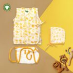 Unisex Baby Seashell Printed 100% Organic Cotton Jhabla, Langot and Cap Set - White