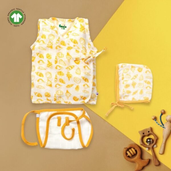 Unisex Baby Seashell Printed 100% Organic Cotton Jhabla, Langot and Cap Set - White - Image 1