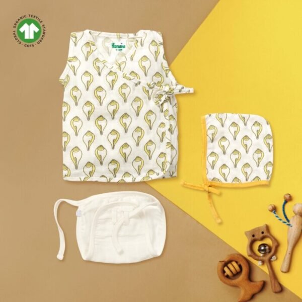 Unisex Baby Shankh Printed 100% Organic Cotton Jhabla Langot and Cap Set - White - Image 1