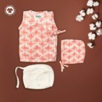 Unisex Baby Batik Printed 100% Organic Cotton Jhabla Langot and Cap Set - White