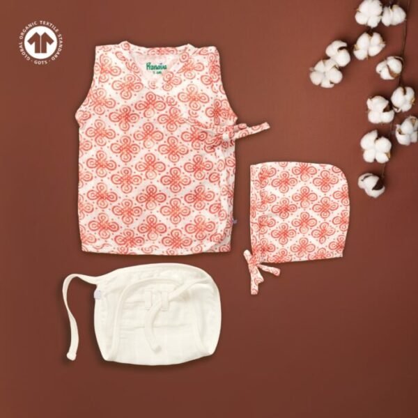 Unisex Baby Batik Printed 100% Organic Cotton Jhabla Langot and Cap Set - White - Image 1