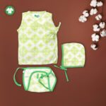 Unisex Baby Kolam Printed 100% Organic Cotton Jhabla, Langot and Cap Set - White