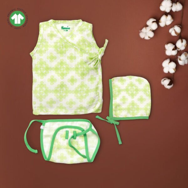 Unisex Baby Kolam Printed 100% Organic Cotton Jhabla, Langot and Cap Set - White - Image 1