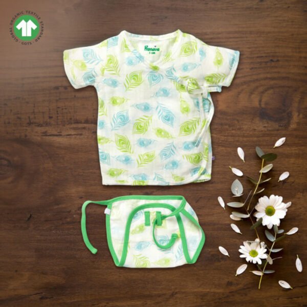 Unisex Baby Peacock Feather Printed 100% Organic Cotton Jhabla and Langot Set - White - Image 1