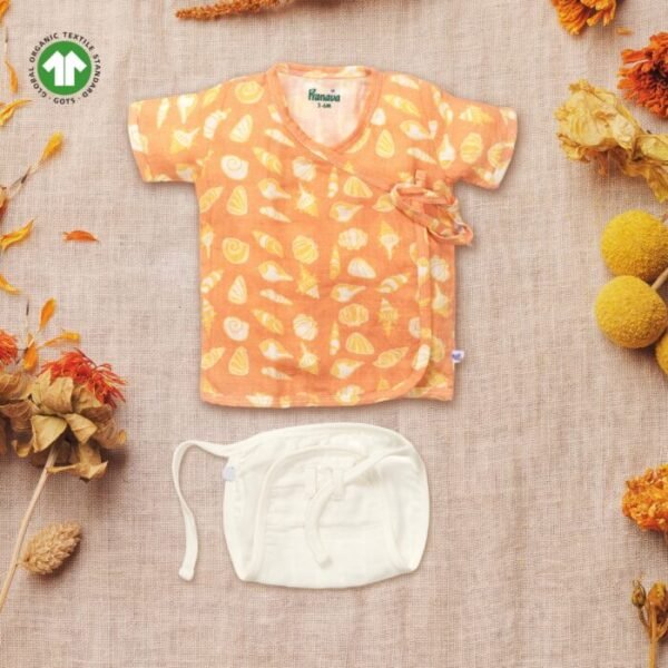 Unisex Baby Seashell Printed 100% Organic Cotton Jhabla and Langot Set - Orange and White - Image 1