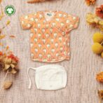 Unisex Baby Shankh Printed 100% Organic Cotton Jhabla and Langot Set - Orange and White
