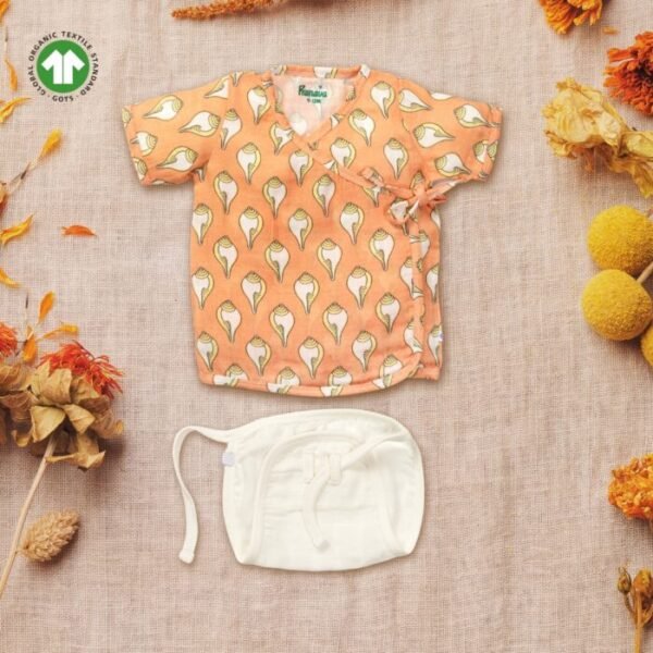 Unisex Baby Shankh Printed 100% Organic Cotton Jhabla and Langot Set - Orange and White - Image 1