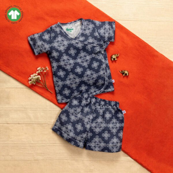 Unisex Baby Kolam Printed 100% Organic Cotton Jhabla and Shorts Set - Navy - Image 1