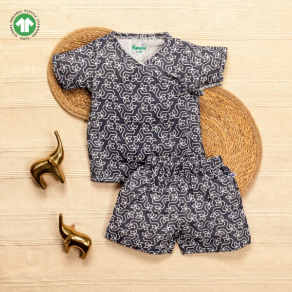 Unisex Baby Kolam Printed 100% Organic Cotton Jhabla and Shorts Set - Navy - Image 1