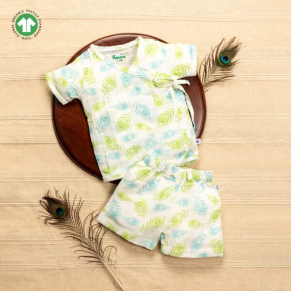Unisex Baby Peacock Feather Printed 100% Organic Cotton Jhabla and Shorts Set - White - Image 1