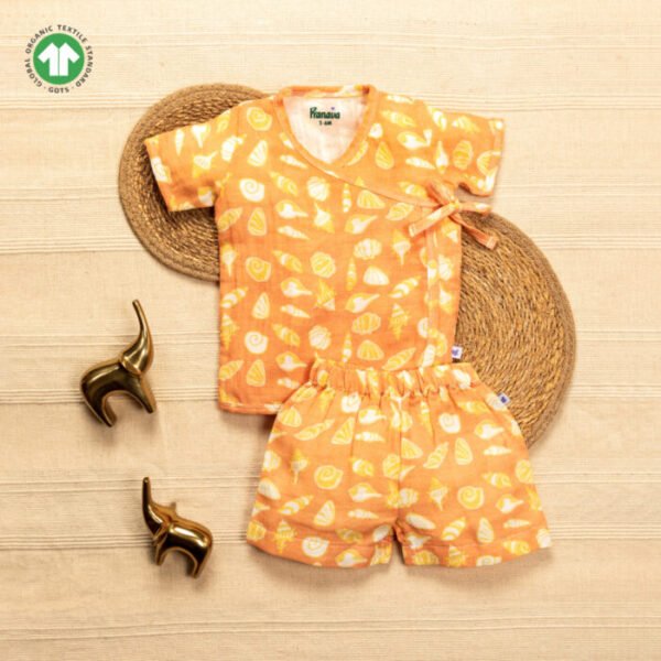 Unisex Baby Seashell Printed 100% Organic Cotton Jhabla and Shorts Set - Orange - Image 1