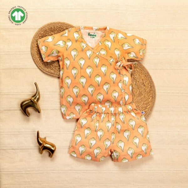 Unisex Baby Shankh Printed 100% Organic Cotton Jhabla and Shorts Set - Orange - Image 1