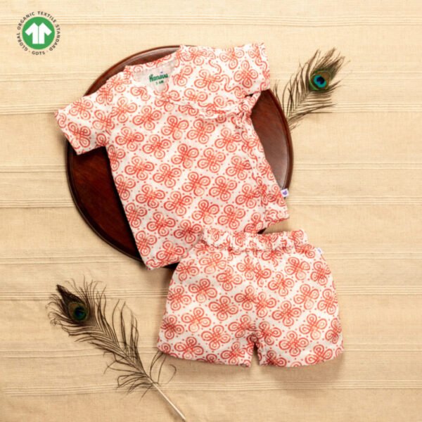 Unisex Baby Kolam Printed 100% Organic Cotton Jhabla and Shorts Set - White - Image 1