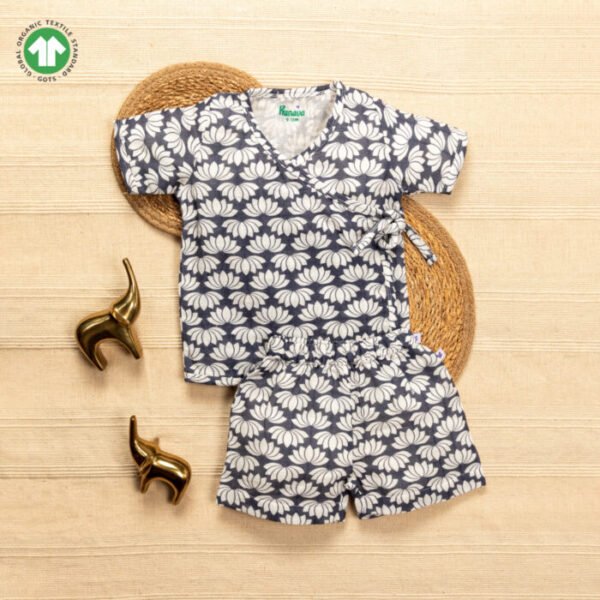 Unisex Baby Lotus Printed 100% Organic Cotton Jhabla and Shorts Set - Navy - Image 1