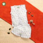 Unisex Baby Geometric Design Printed 100% Organic Cotton Jhabla and Shorts Set - White