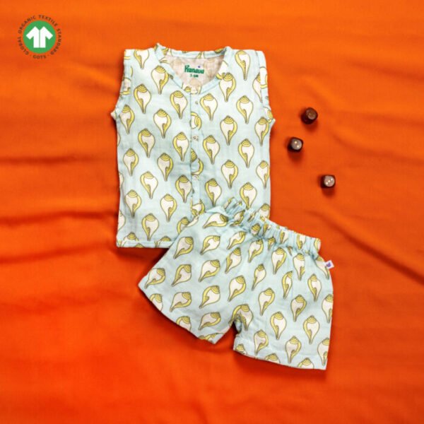 Unisex Baby Shankh Printed 100% Organic Cotton Jhabla and Shorts Set - Sky Blue - Image 1
