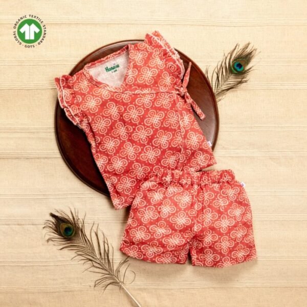 Baby Girls Geometric Printed 100% Organic Cotton Jhabla and Shorts Set - Maroon - Image 1