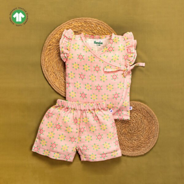 Baby Girls Geometric Printed 100% Organic Cotton Jhabla and Shorts Set - Pink - Image 1