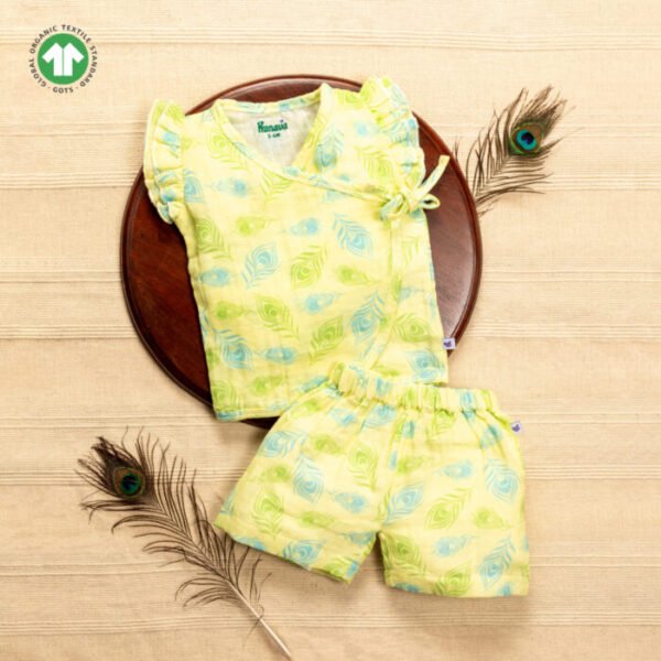 Baby Girls Peacock Feather Printed 100% Organic Cotton Jhabla and Shorts Set - Light Yellow - Image 1