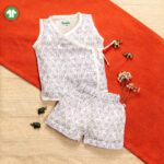Unisex Baby Geometric flower Printed 100% Organic Cotton Jhabla and Shorts Set - White