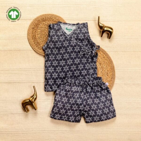 Unisex Baby Star Printed 100% Organic Cotton Jhabla and Shorts Set - Navy - Image 1