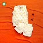 Unisex Baby Triangle Printed 100% Organic Cotton Jhabla and Shorts Set - White