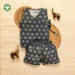 Unisex Baby Geometric Printed 100% Organic Cotton Jhabla and Shorts Set - Navy