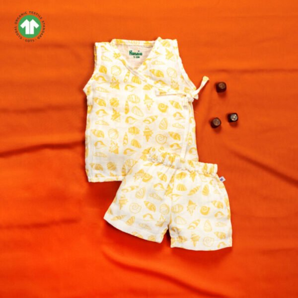 Unisex Baby Seashell Printed 100% Organic Cotton Jhabla and Shorts Set - White - Image 1