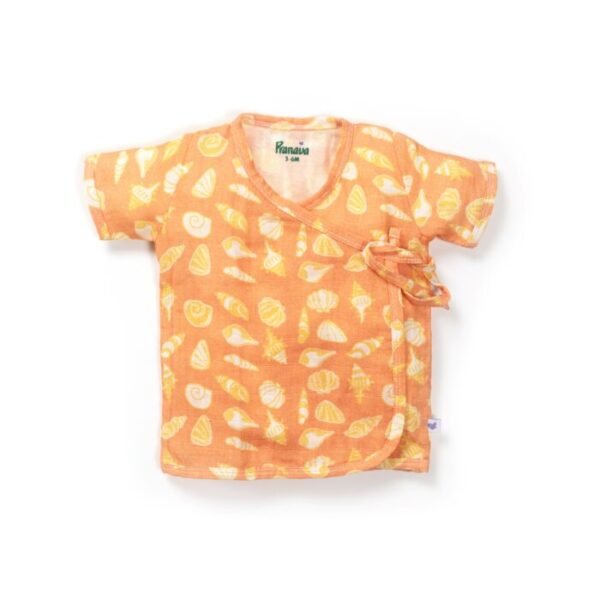 Unisex Baby Seashell Printed 100% Organic Cotton Jhabla and Shorts Set - Orange - Image 2
