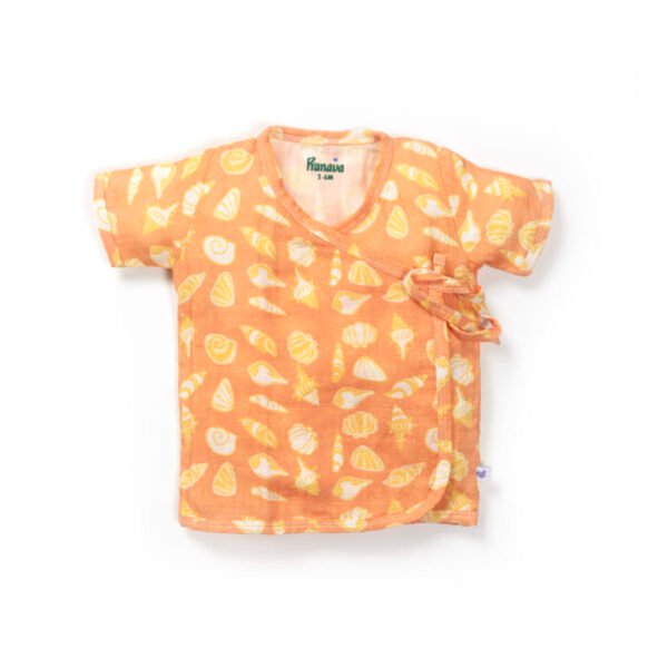 Unisex Baby Seashell Printed 100% Organic Cotton Jhabla and Langot Set - Orange and White - Image 2