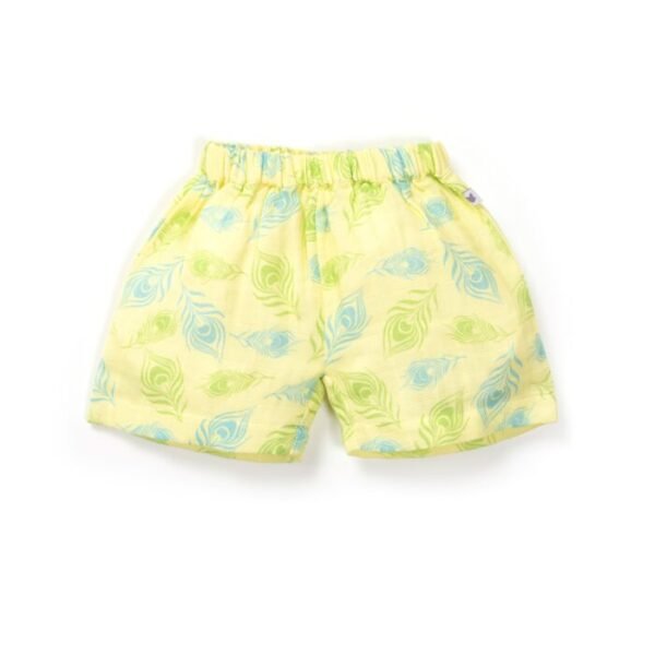 Baby Girls Peacock Feather Printed 100% Organic Cotton Jhabla and Shorts Set - Light Yellow - Image 5
