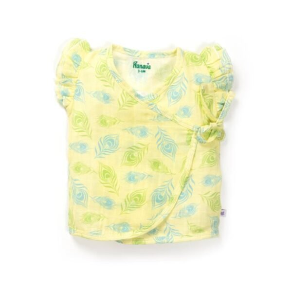 Baby Girls Peacock Feather Printed 100% Organic Cotton Jhabla and Shorts Set - Light Yellow - Image 2