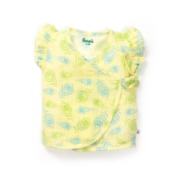 Baby Girls Peacock Feather Printed 100% Organic Cotton Jhabla and Langot Set - Light Yellow - Image 2