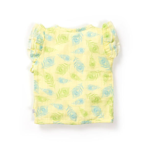 Baby Girls Peacock Feather Printed 100% Organic Cotton Jhabla and Langot Set - Light Yellow - Image 3