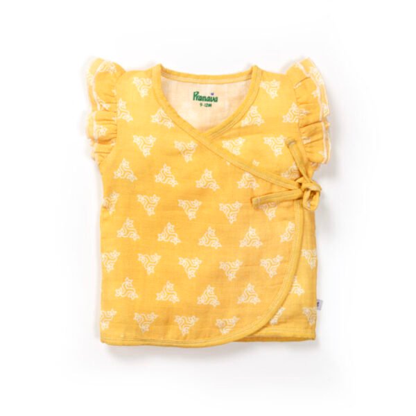 Baby Girls Triangle Printed 100% Organic Cotton Jhabla and Langot Set - Yellow and White - Image 2