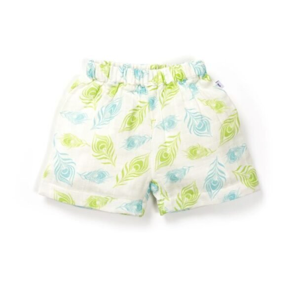 Unisex Baby Peacock Feather Printed 100% Organic Cotton Jhabla and Shorts Set - White - Image 4