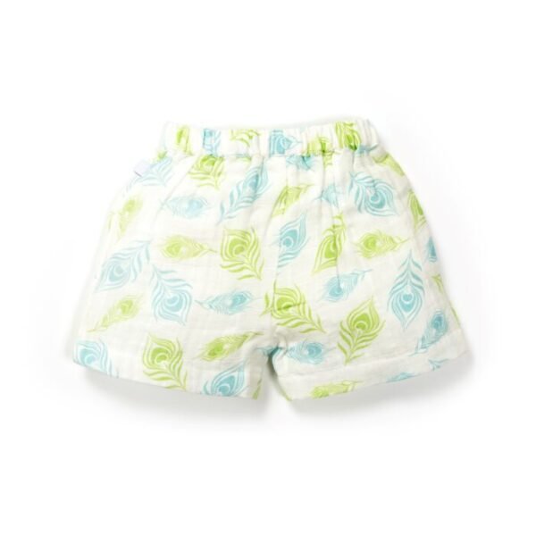 Unisex Baby Peacock Feather Printed 100% Organic Cotton Jhabla and Shorts Set - White - Image 5