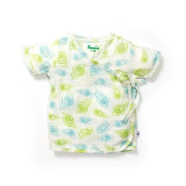 Unisex Baby Peacock Feather Printed 100% Organic Cotton Jhabla and Shorts Set - White - Image 2
