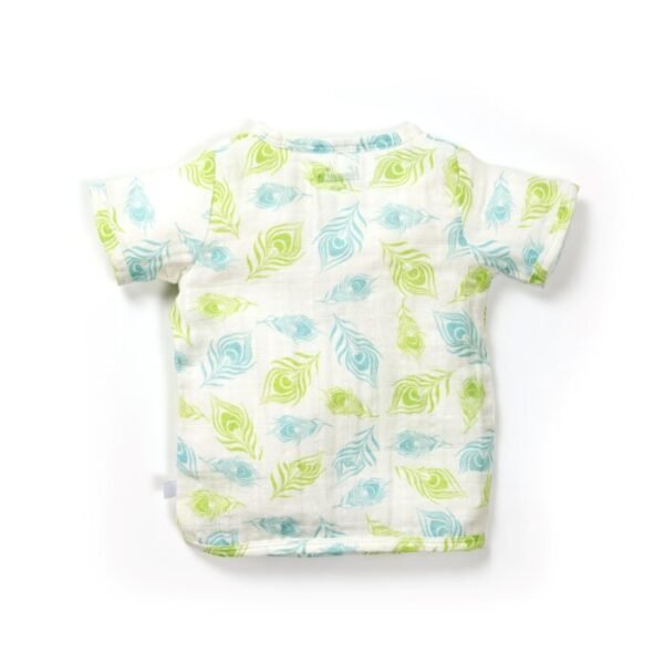 Unisex Baby Peacock Feather Printed 100% Organic Cotton Jhabla and Shorts Set - White - Image 3