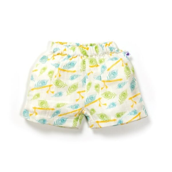 Unisex Baby Peacock Feather and Flute Printed 100% Organic Cotton Jhabla and Shorts Set - White - Image 4