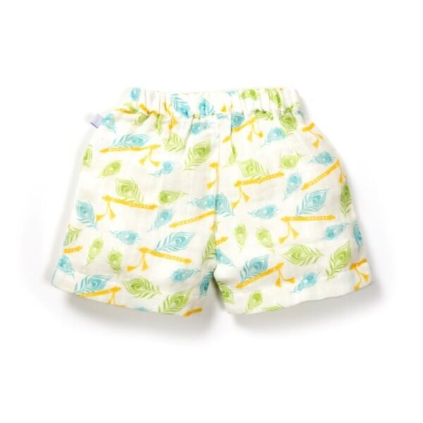 Unisex Baby Peacock Feather and Flute Printed 100% Organic Cotton Jhabla and Shorts Set - White - Image 5