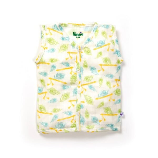 Unisex Baby Peacock Feather and Flute Printed 100% Organic Cotton Jhabla and Shorts Set - White - Image 2