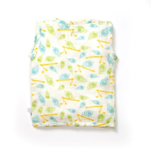 Unisex Baby Peacock Feather and Flute Printed 100% Organic Cotton Jhabla and Shorts Set - White - Image 3