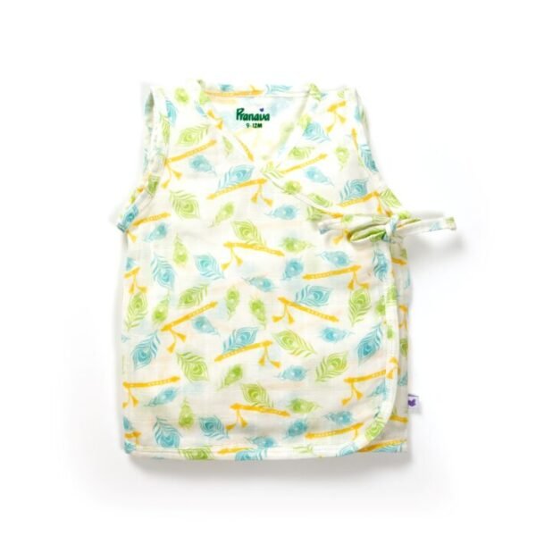 Unisex Baby Peacock Feather and Flute Printed 100% Organic Cotton Jhabla and Shorts Set - White - Image 2