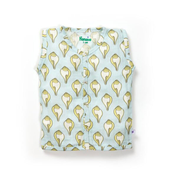 Unisex Baby Shankh Printed 100% Organic Cotton Jhabla and Langot Set - White and Sky Blue - Image 2